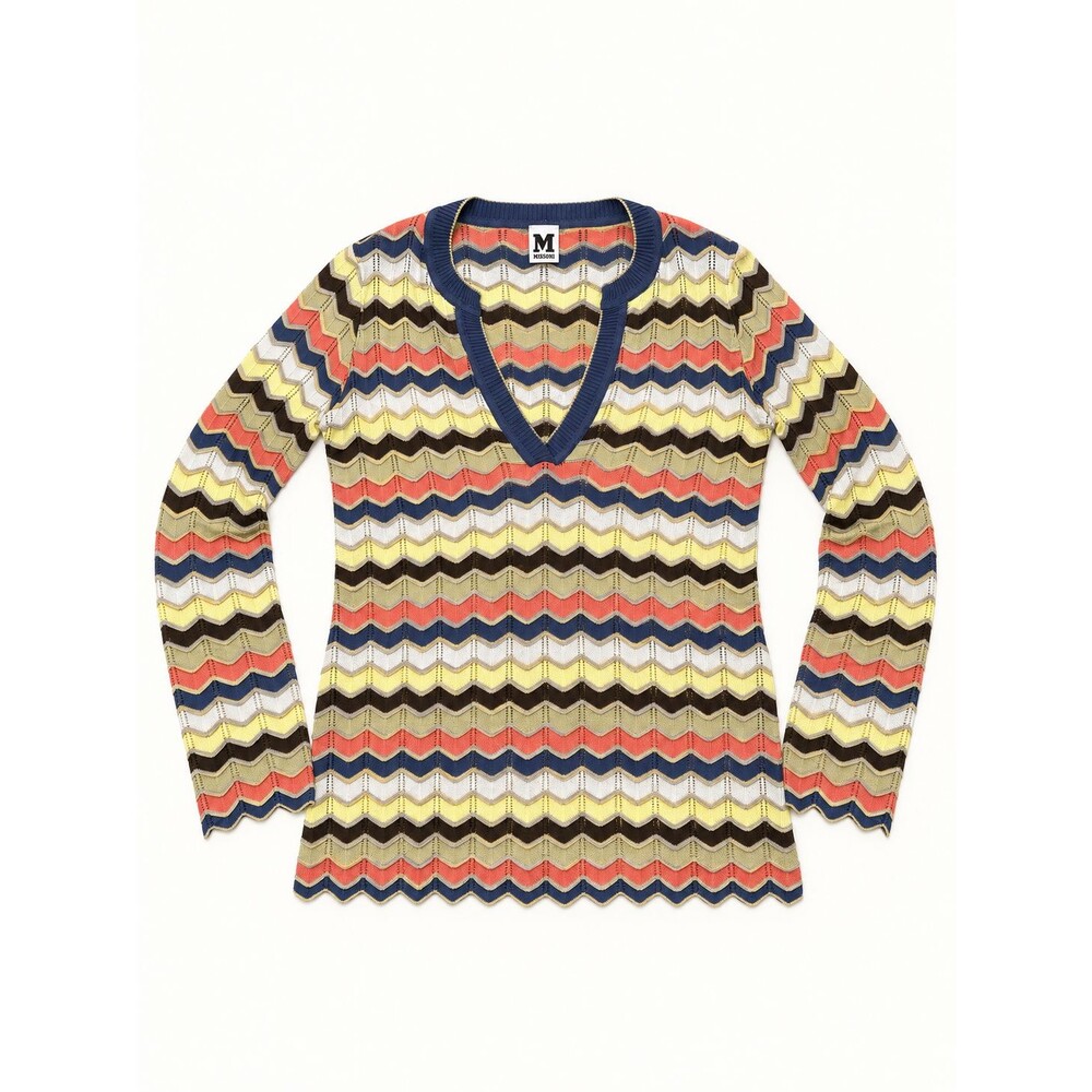 M Missoni Multicolor Chevron Pointelle Knit V Neck Sweater Top Size S/M